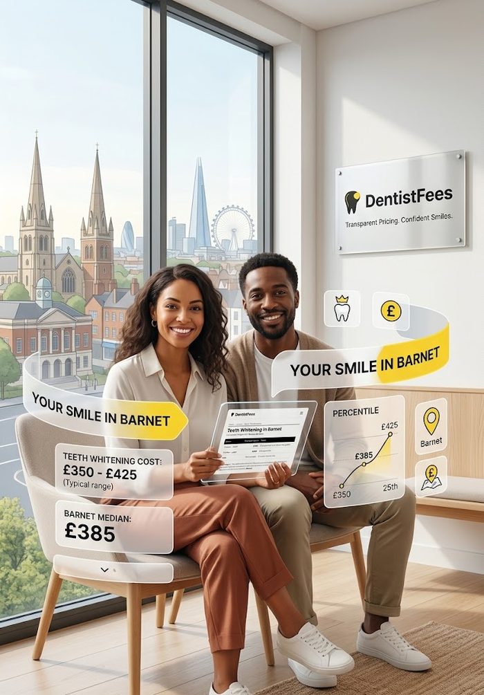 Illustration: two people reading a DentistFees whitening price page for Barnet on a tablet